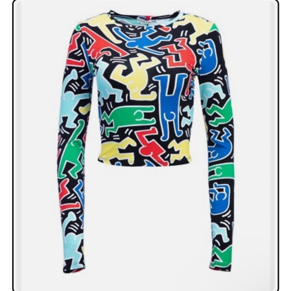Alice + Olivia Tops - Alice + Olivia x Keith Haring “Delaina” Multicolor Graphic Crop Top, S